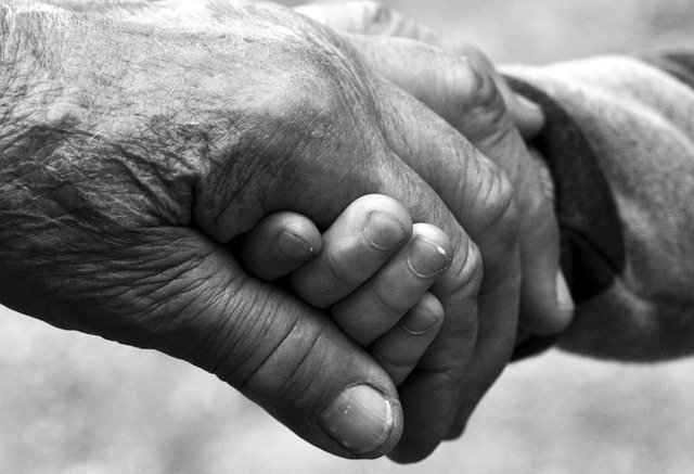 יד של אדם זקן משולבת ביד של צעיר